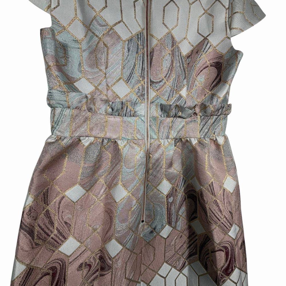 Ted Baker London Ingrida Jacquard Dress Mid Pink Gold Grey V-Neck Size 3 - Picture 4 of 9